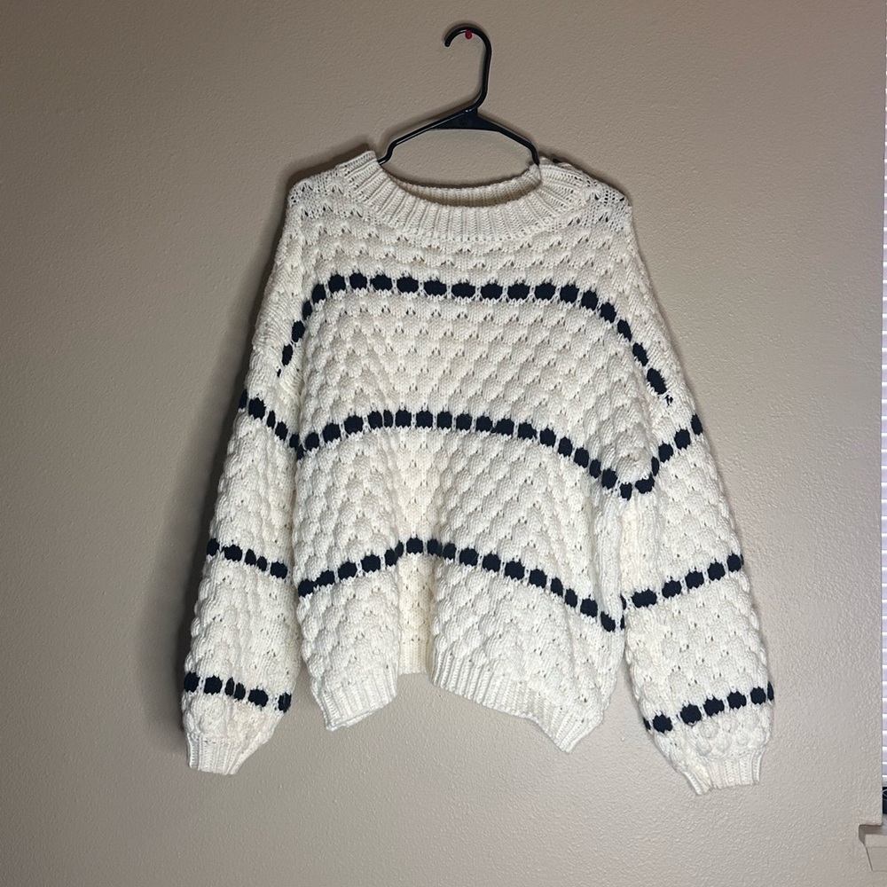 Forever 21 Textured White Sweater with Black Stripes